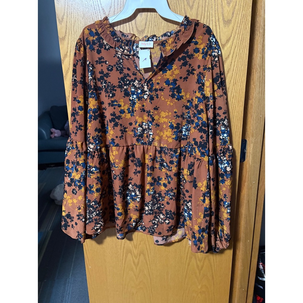 Hailey & Co Floral Ruffle Neck Peplum Blouse Rust Brown Long Balloon Sleeve NEW